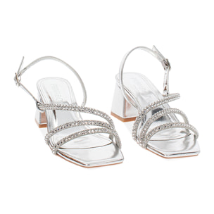 Sandalo donna argento con pietre, tacco largo 5,5 cm