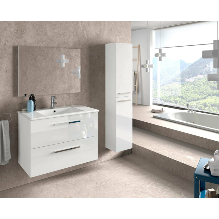 Colonna bagno Alexandria, Mobile a colonna per bagno a 2 ante, Armadio pensile sospeso con 2 ripiani, cm 30x25h150, Bianco lucido