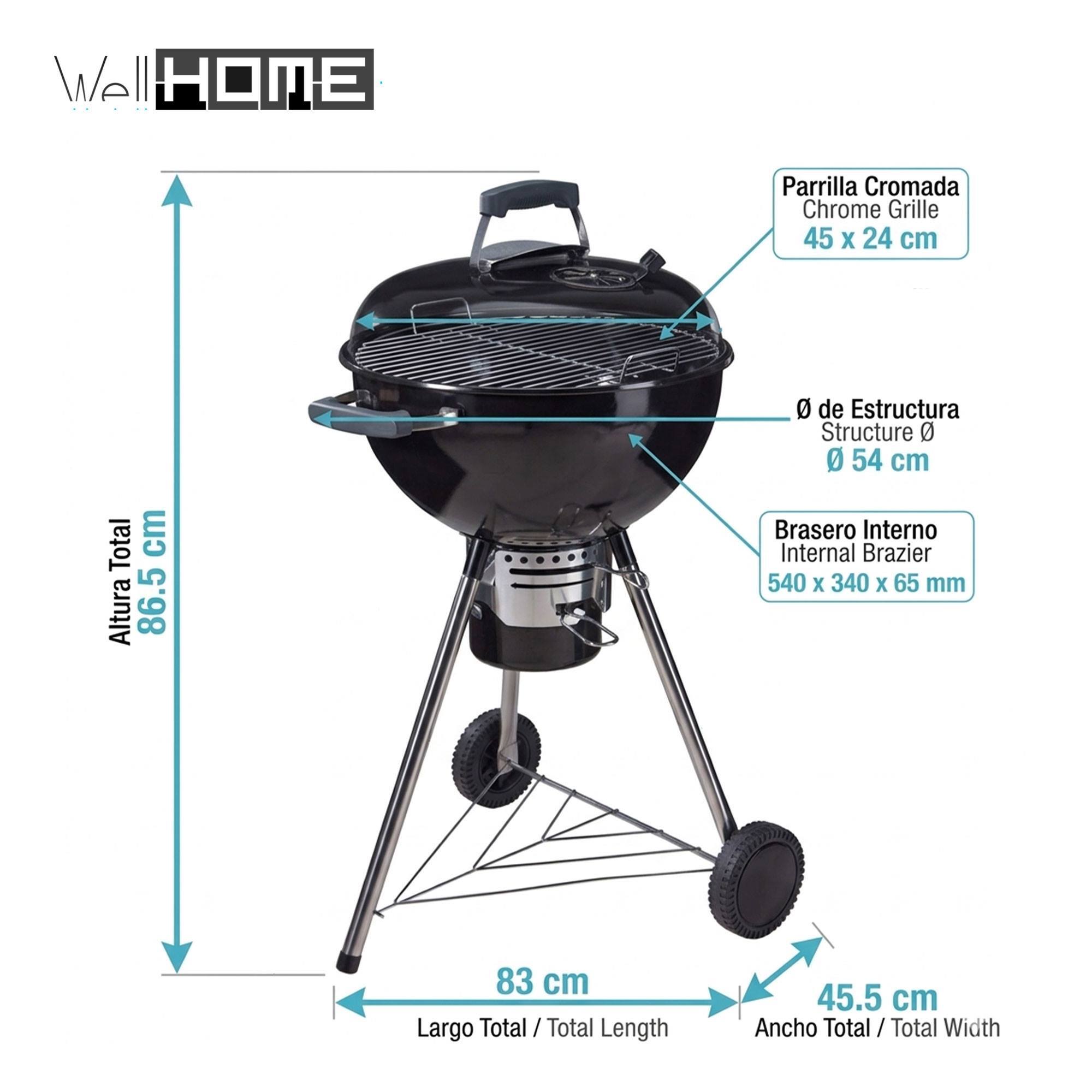 Barbacoa de Carbón con Tapa y Ruedas Ø54 cm - Parrilla Cromada de 45 cm y Rejilla para Carbón - Para Jardín con Patas de Acero Inoxidable