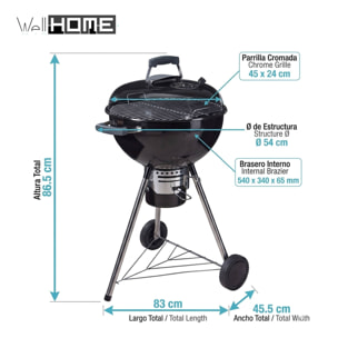 Barbacoa de Carbón con Tapa y Ruedas Ø54 cm - Parrilla Cromada de 45 cm y Rejilla para Carbón - Para Jardín con Patas de Acero Inoxidable