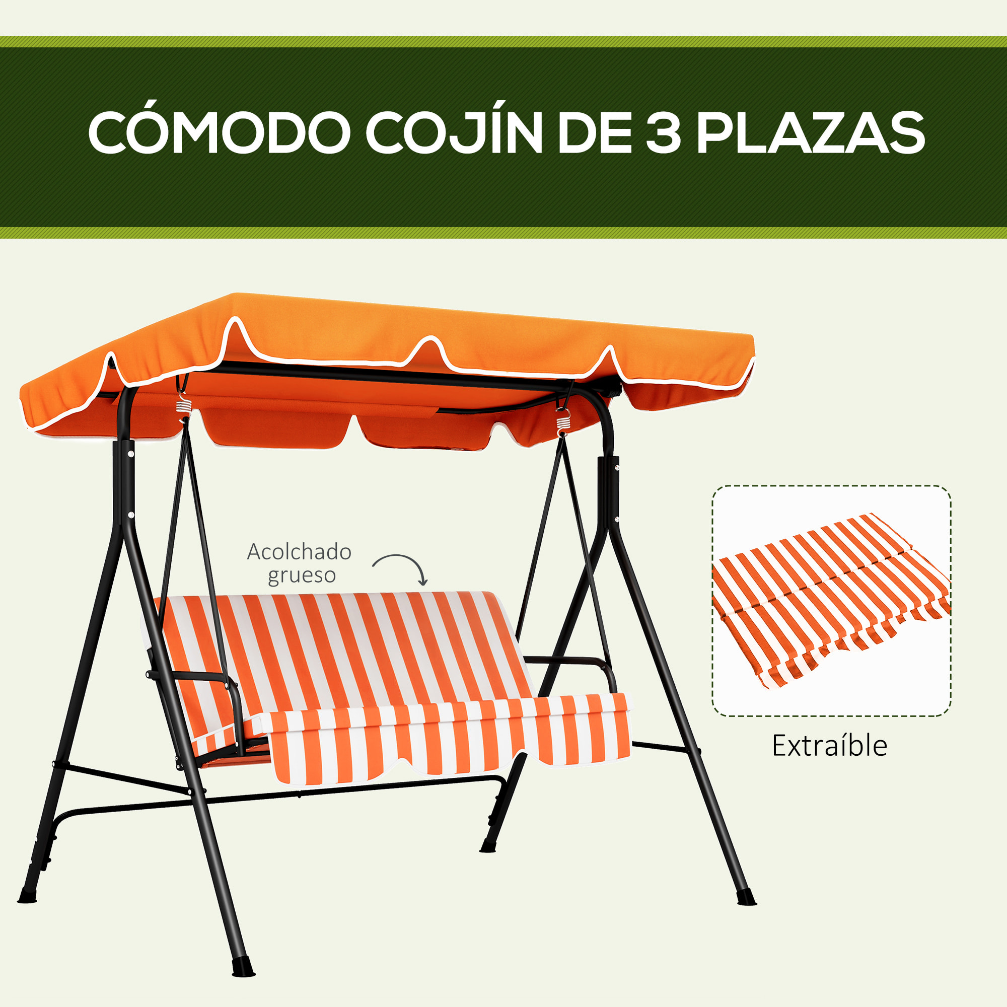 Columpio de Jardín Exterior de 3 Plazas, Balancín de Jardín Exterior con Techo Ajustable y Marco de Acero, para Balcón, Terraza, Patio, Carga 200 kg, 172x110x153 cm, Naranja