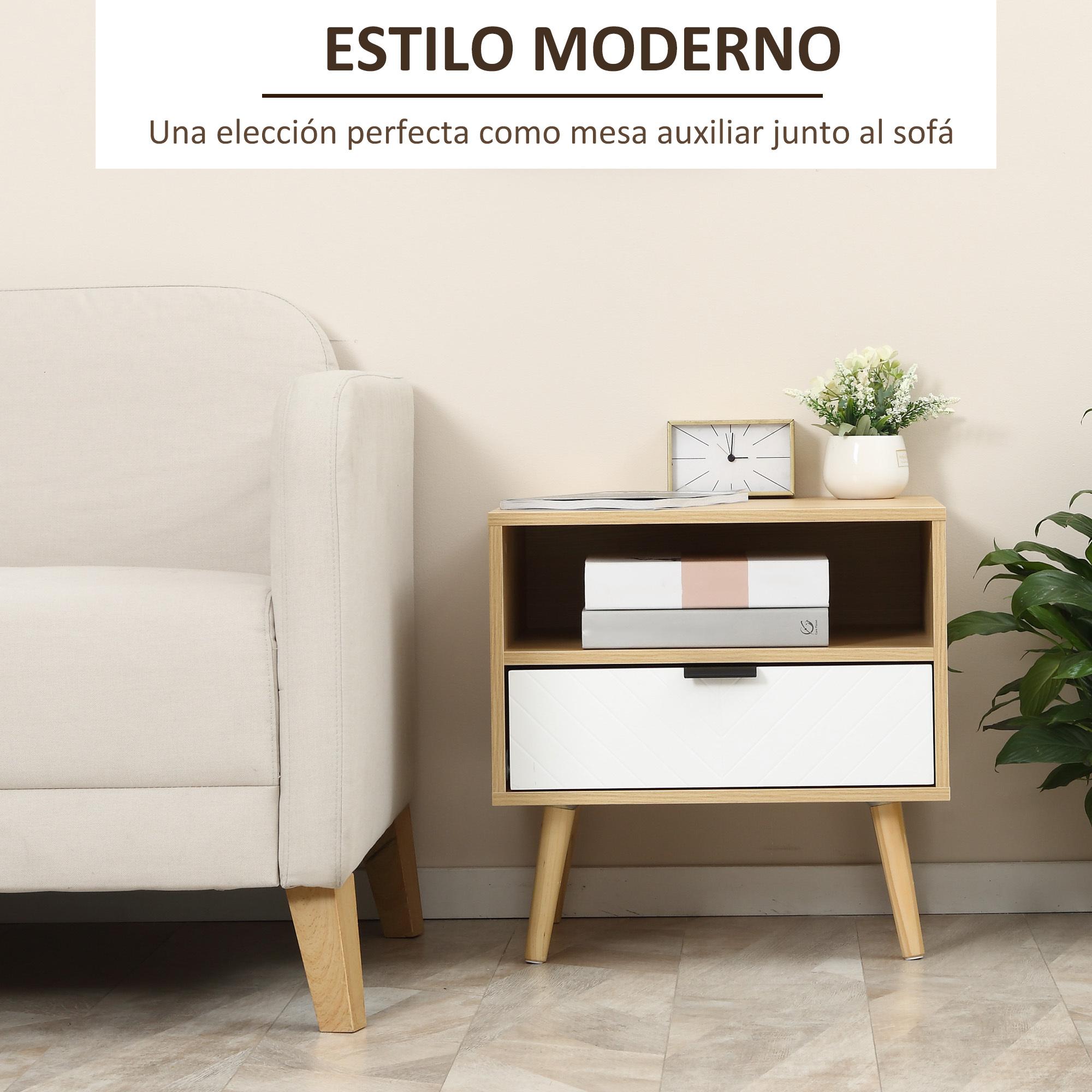 Mesita de Noche Mesa Auxiliar con 1 Cajón y 1 Estante Abierto para Dormitorio Salón Oficina Estilo Moderno 50x39,5x49,5 cm Madera Natural