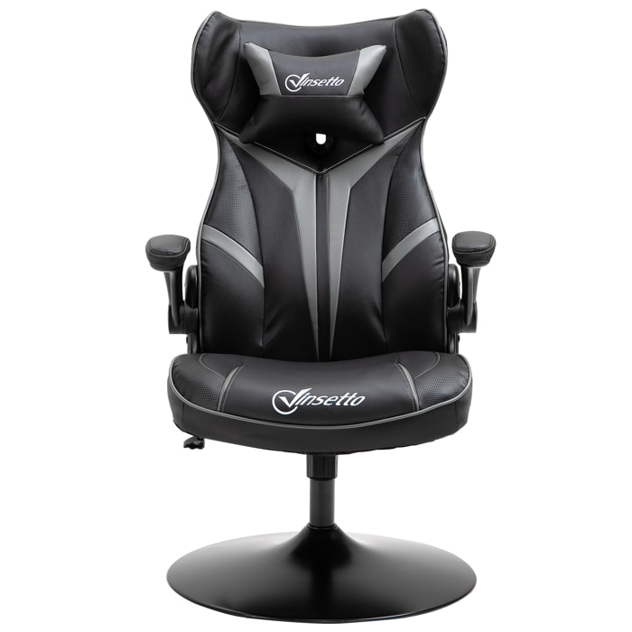 Fauteuil gaming base ronde métal pivotante 360° hauteur réglable tétière accoudoirs relevables PVC gris noir