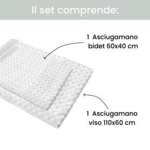 Set asciugamani bagno in cotone spugna 300 gr/mq, coppia viso e bidet morbida e assorbente, asciugatura efficace e comfort sulla pelle, resistenti ai lavaggi, ideali per uso quotidiano, set coordinato bagno, dimensioni 110x60 cm e 60x40 cm