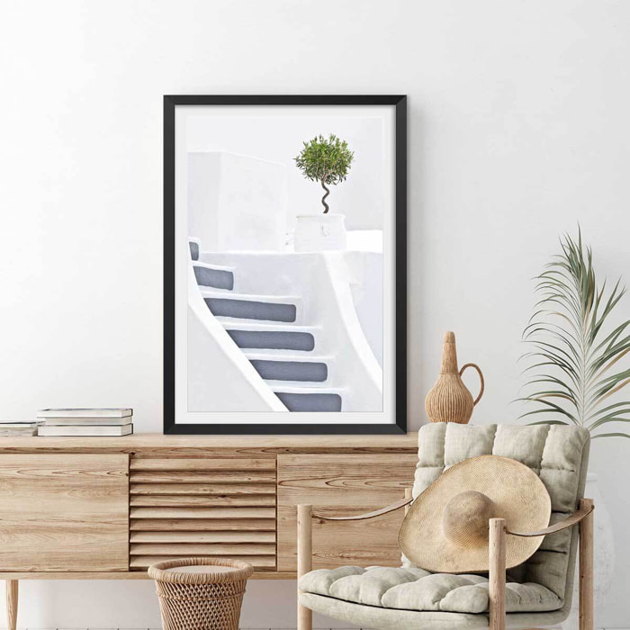 Poster escalier blanc paros Affiche + cadre en bois - Noir