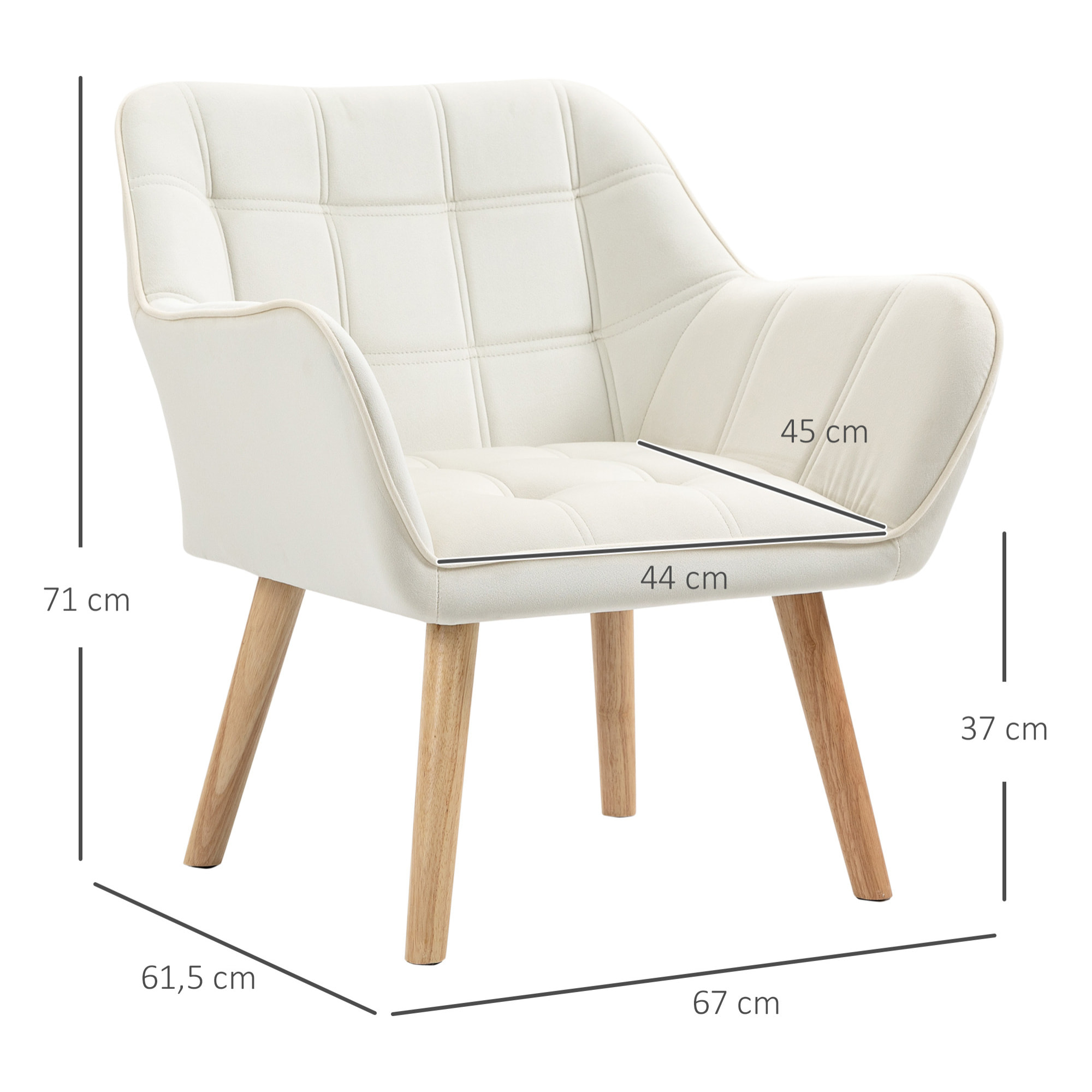 Fauteuil salon design scandinave - dossier accoudoirs enveloppant - piètement bois hévéa velours effet capitonné crème