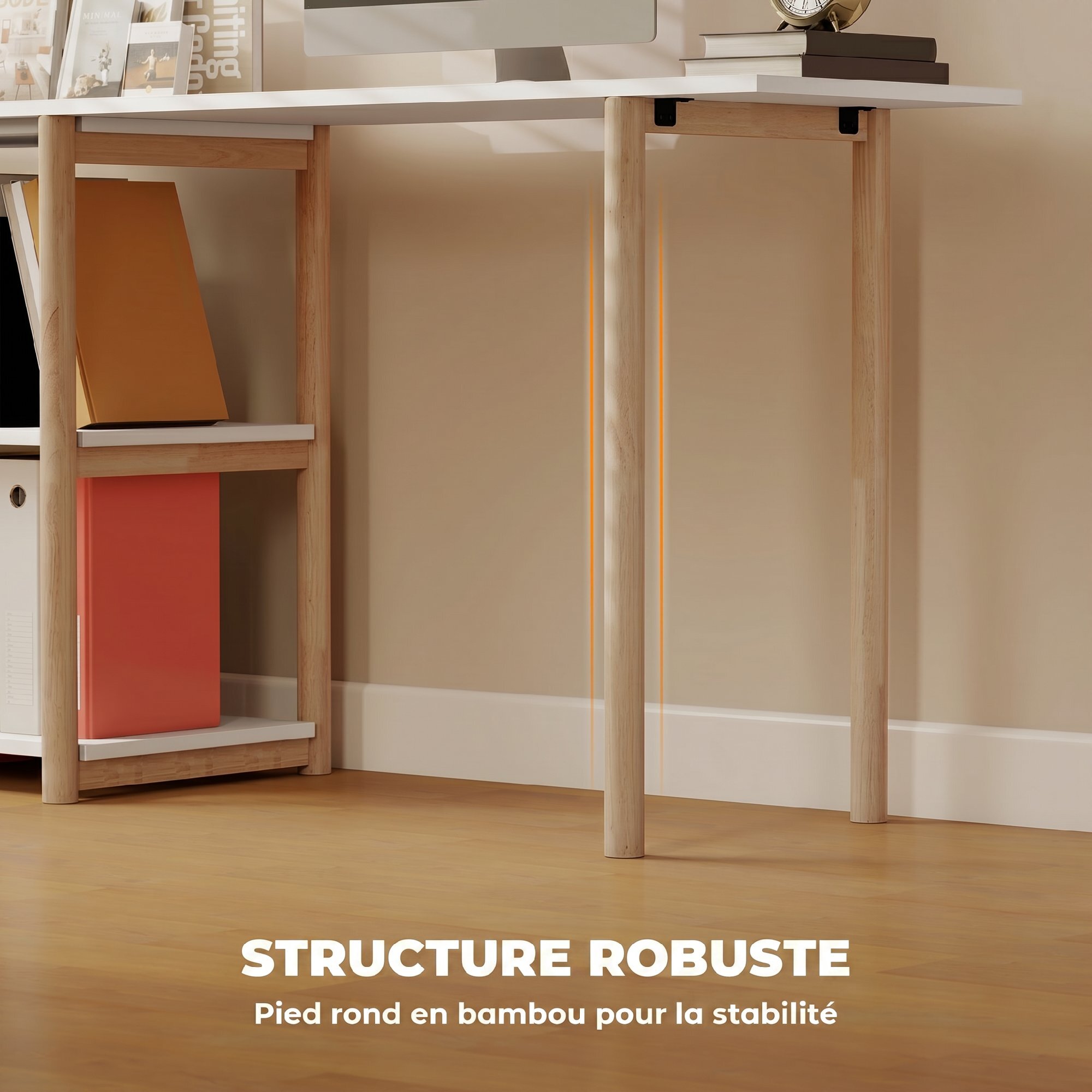 Bureau design naturel bambou blanc modulable angle ou droit