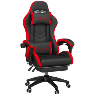 Silla Gaming Ergonómica Reclinable 135°, Silla Gamer Racing de Cuero PU con Soporte Lumbar, Altura Ajustable, Reposacabezas y Reposapiés Retráctil, para Oficina, Estudio, Negro y Rojo