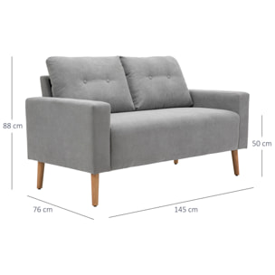 Sofá de 2 Plazas Sillón Moderno Tapizado en Poliéster con 2 Cojines Reposabrazos y Patas de Madera de Caucho para Dormitorio Oficina 145x76x88 cm Gris