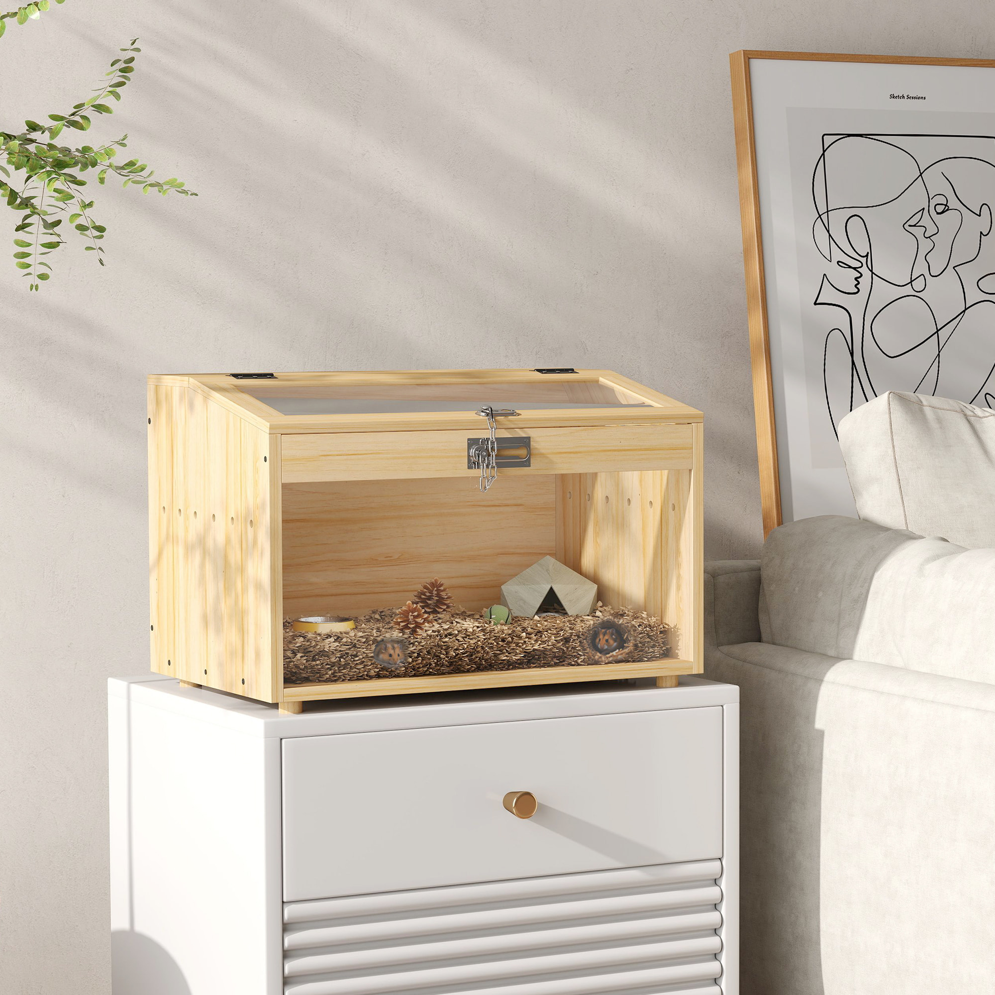 Cage à hamster rongeur en bois - toit ouvrant verrouillable, fenêtres acrylique - dim. 55 x 35 x 35 cm - MDF effet bois