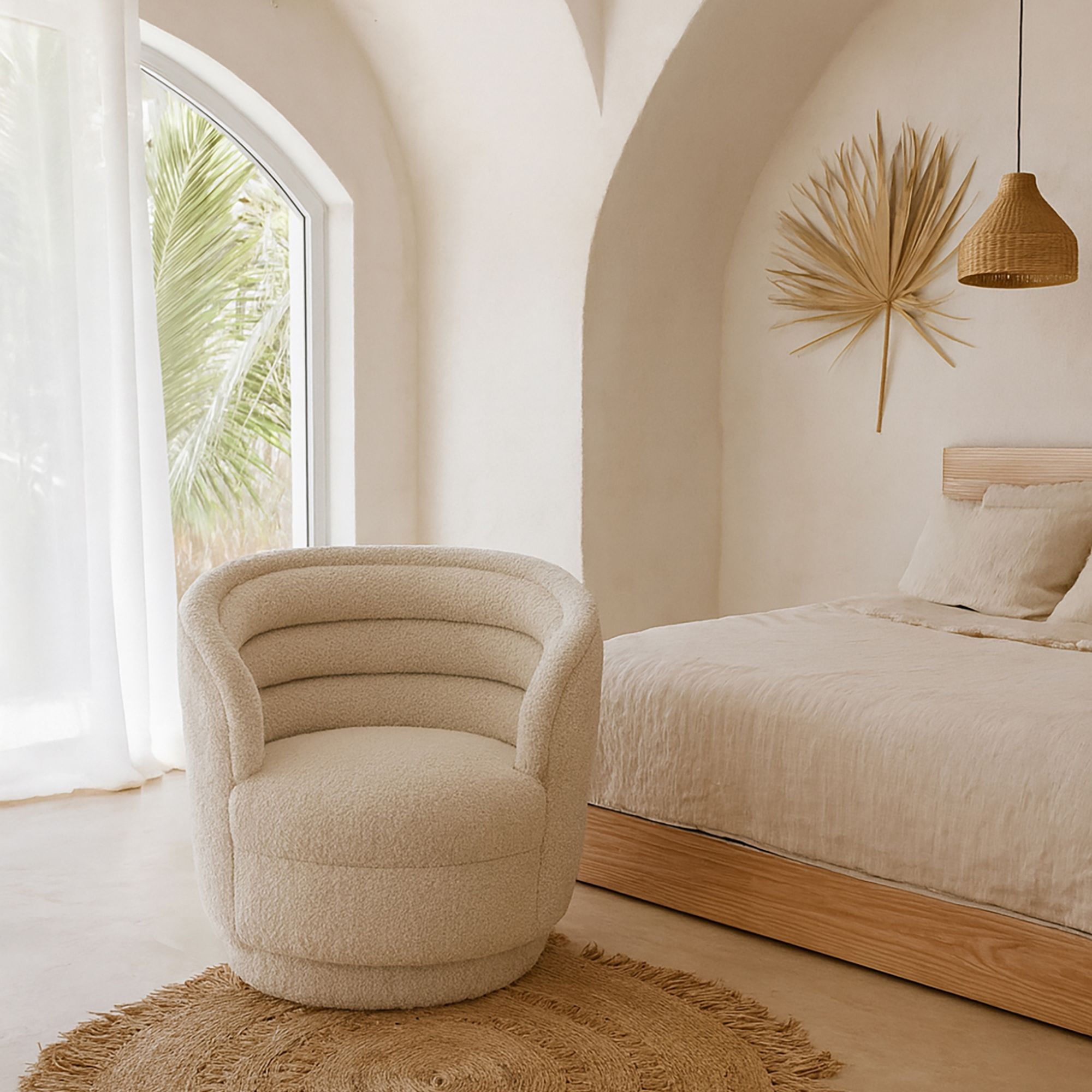 Fauteuil pivotant tissu en bouclette beige LINUS