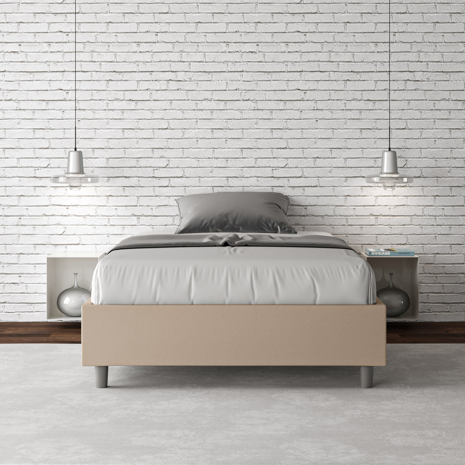 Letto una piazza e mezza contenitore imbottito 120x200 similpelle tortora Azelia