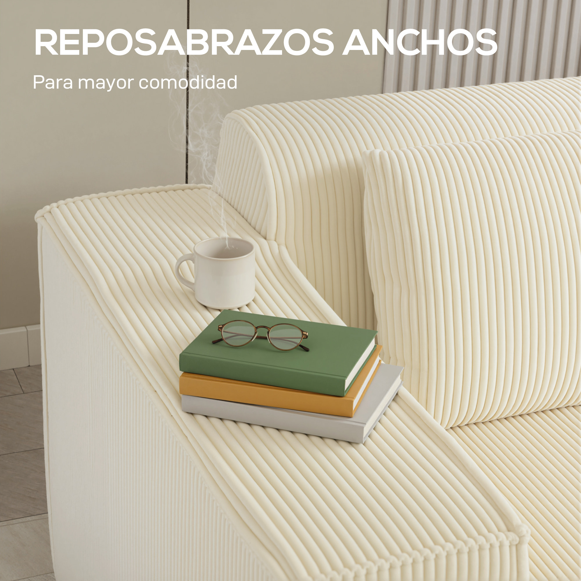 Sofá de 3 Plazas, Sofá de Salón, 202x90x76 cm, Tapizado en Pana, Acolchado Grueso, Asiento Extra Profundo, Reposabrazos Anchos, 2 Almohadas, Beige
