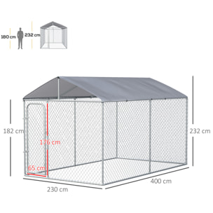 Perrera de Exterior con Toldo Anti-UV Impermeable Parque para Perros con Puerta con Pestillo y Marco de Metal Galvanizado para Patio Jardín Terraza 4x2,3x2,3 m Plata