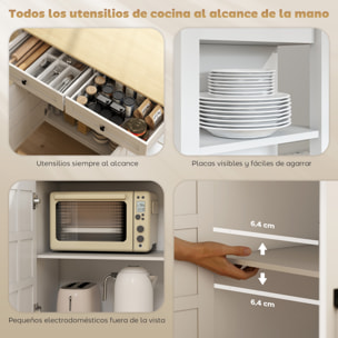 Isla de Cocina con Ruedas, Encimera Plegable, Carro de Cocina con 2 Puertas con Cierre Suave, 2 Cajones, 6 Estantes Abiertos, Blanco