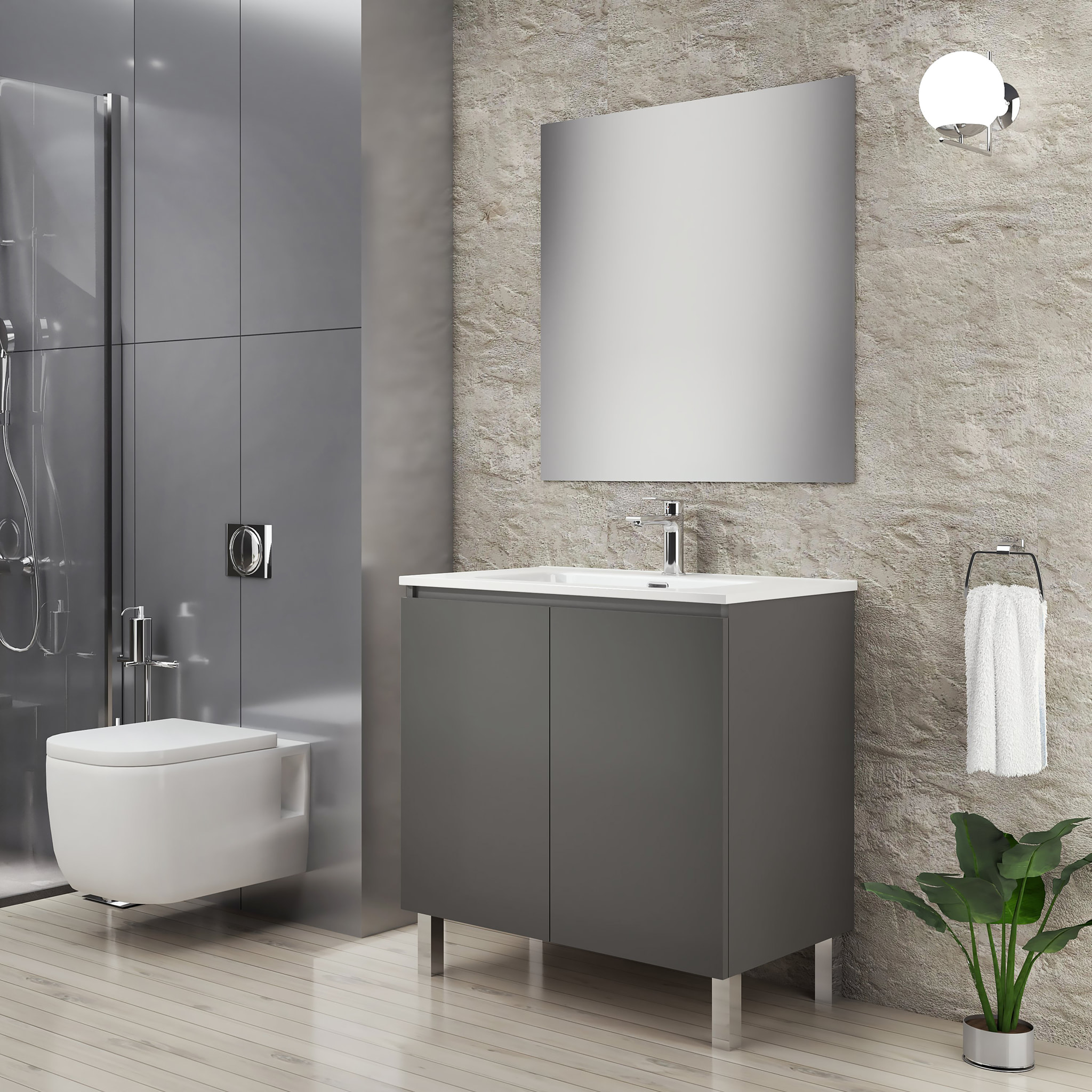Ensemble de Salle de Bain Lust | 80 cm Gris Mat | Deux Portes | Lavabo Encastré | N'inclut pas le Miroir | Meuble Assemblé | Alday