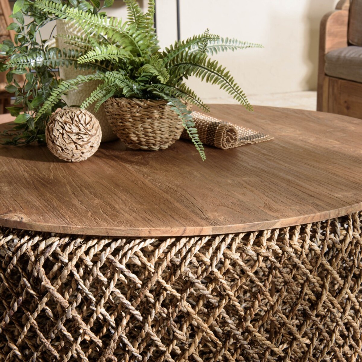 SIXTINE - Table basse ronde diam 100 rotin, plateau bois teck recyclé