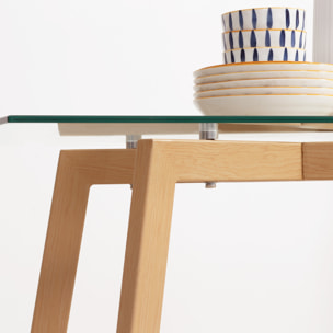 Table à manger style nordique 4 pers. dim. 120 x 60 x 76 cm piètement acier effet bois plateau verre trempé 8 mm