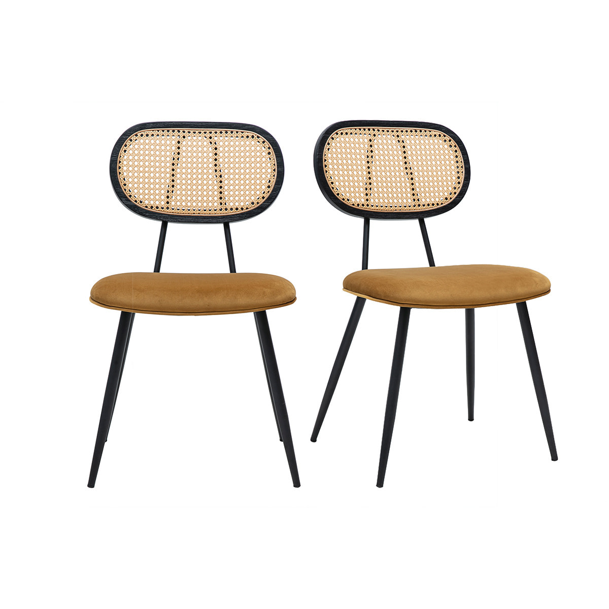 Chaises design en tissu velours bronze, métal noir et cannage rotin (lot de 2) SWANN