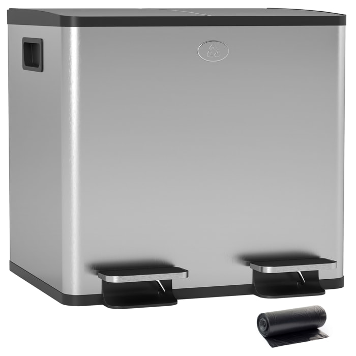 Cubo de Basura de Cocina con 2 Compartimentos 2x15L Papelera de Cocina de Acero Inoxidable con Pedales Tapas de Cierre Suave y Cubo Extraíble para Reciclaje Residuos Restos de Comida Plata