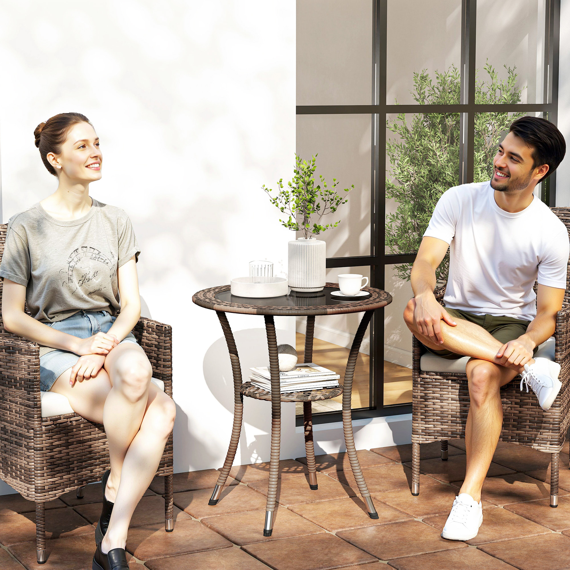 Mesa de Ratán Redonda Ø64x71 cm Mesa de Jardín con Estante Marco de Acero y Tablero de Vidrio Carga 50 kg para Terraza Patio Marrón