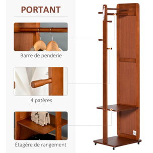 Miroir sur pied avec roulettes - portant, 4 patères étagère MDF aspect noyer