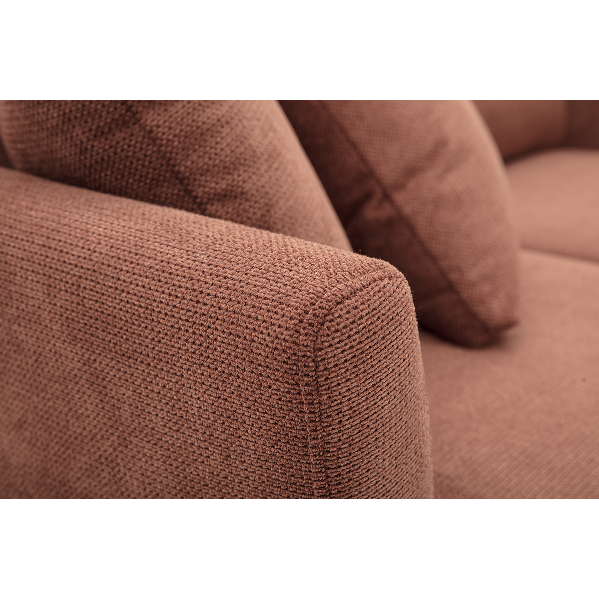 Canapé scandinave déhoussable 2 places en tissu chenille terre brûlée et bois clair OSLO