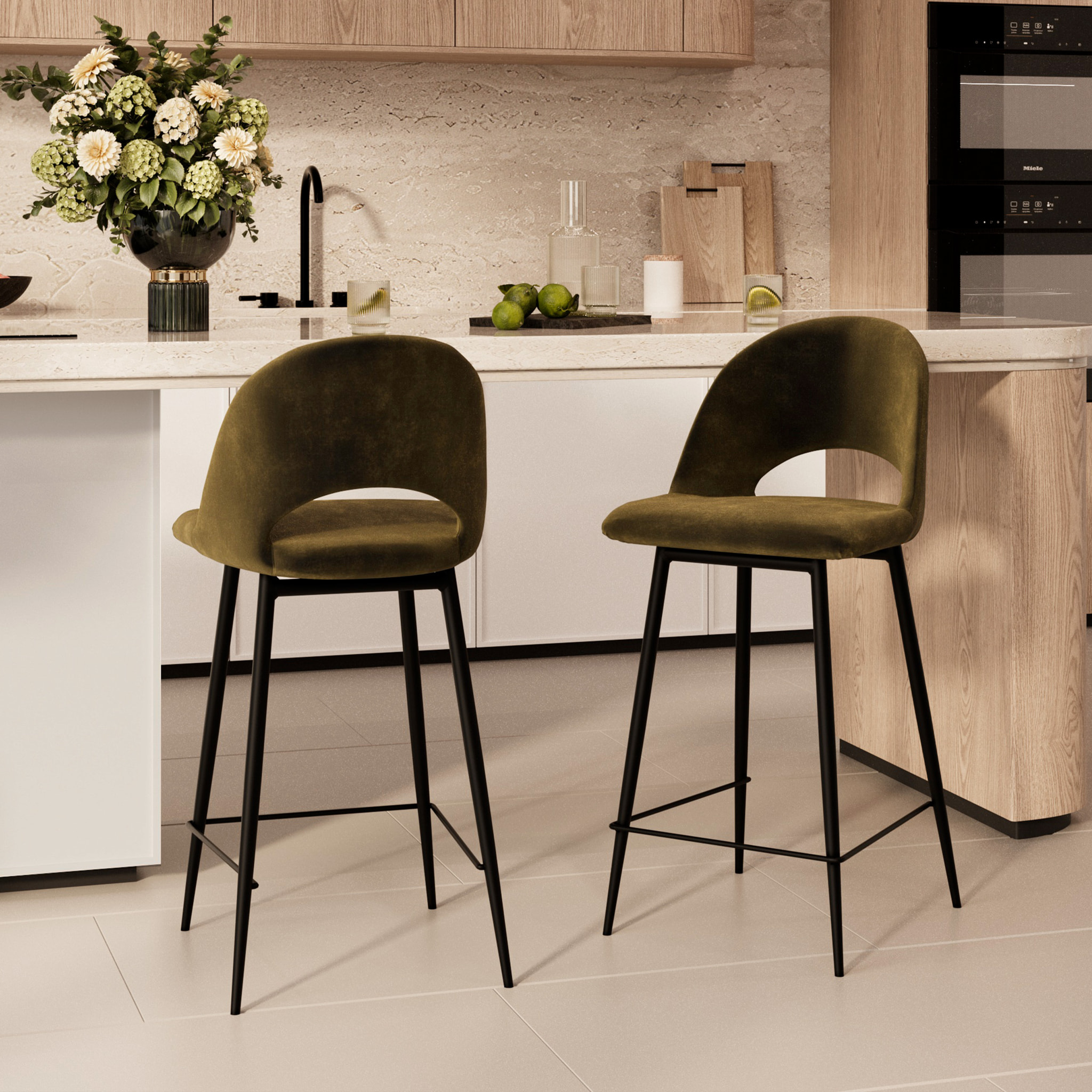 Pack 4 chaises pour îlot central en velours vert et jaune 65 cm - Pénéloppe