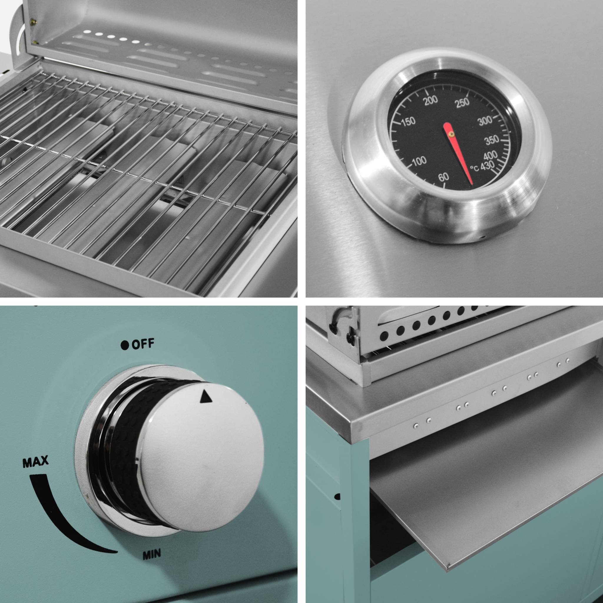 Barbecue gaz 3 brûleurs. bleu gris. 3 portes et 2 espaces de rangement