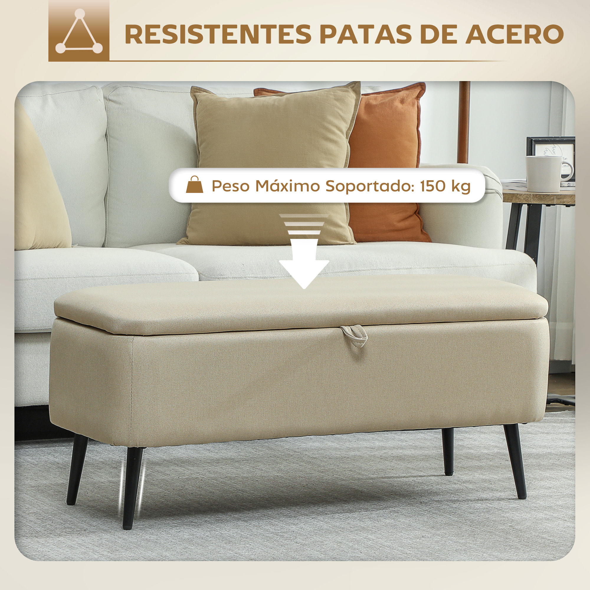 Puff Almacenaje Banco Almacenaje con Tapa Abatible y Patas de Acero Tapizado en Lino para Dormitorio Salón Entrada Carga 150 kg 101x38,5x44,5 cm Beige