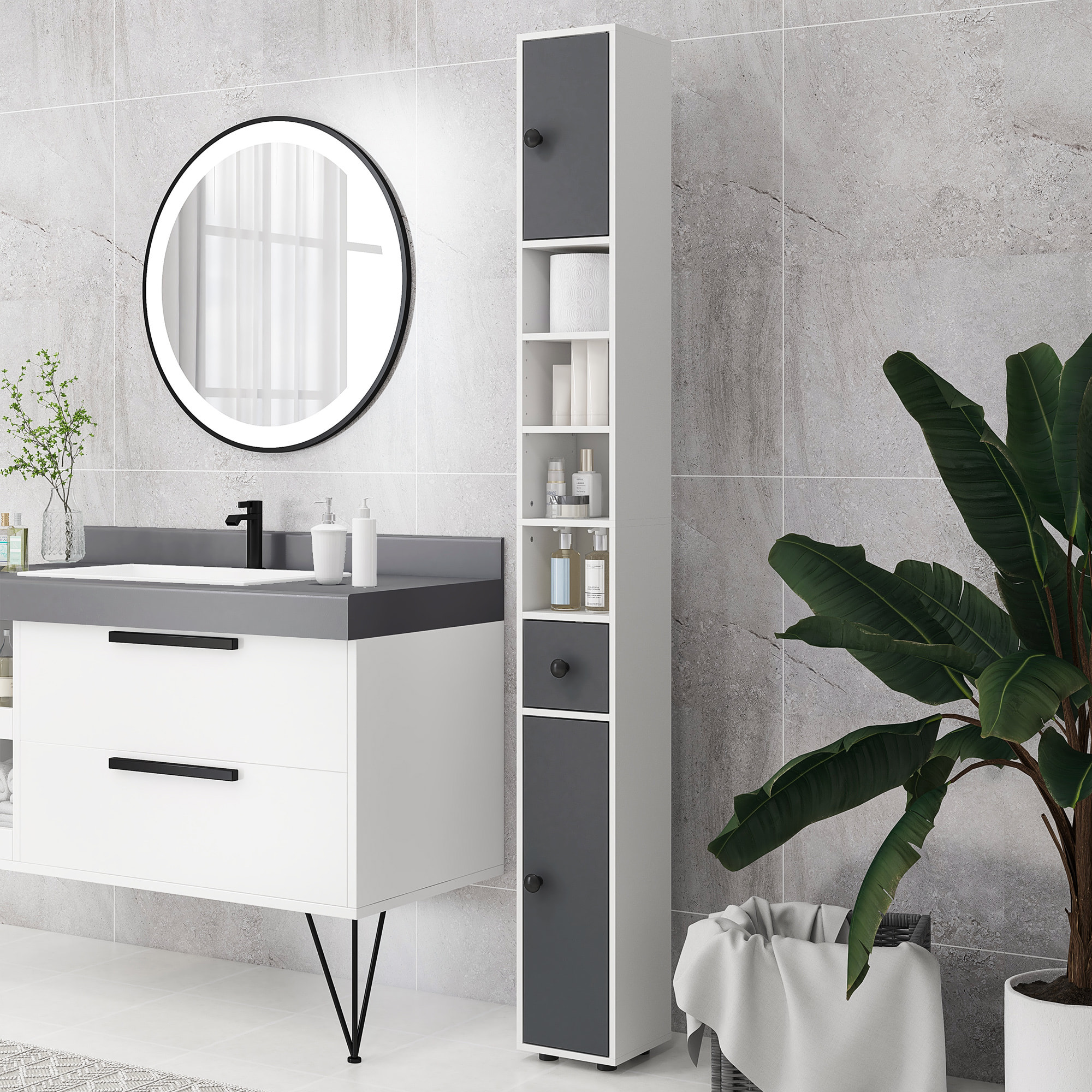 Columna de Baño Moderna Armario Alto de Baño con 1 Cajón 5 Estantes Ajustables y 2 Puertas Mueble de Baño Carga 30 kg 20x20x180 cm Gris