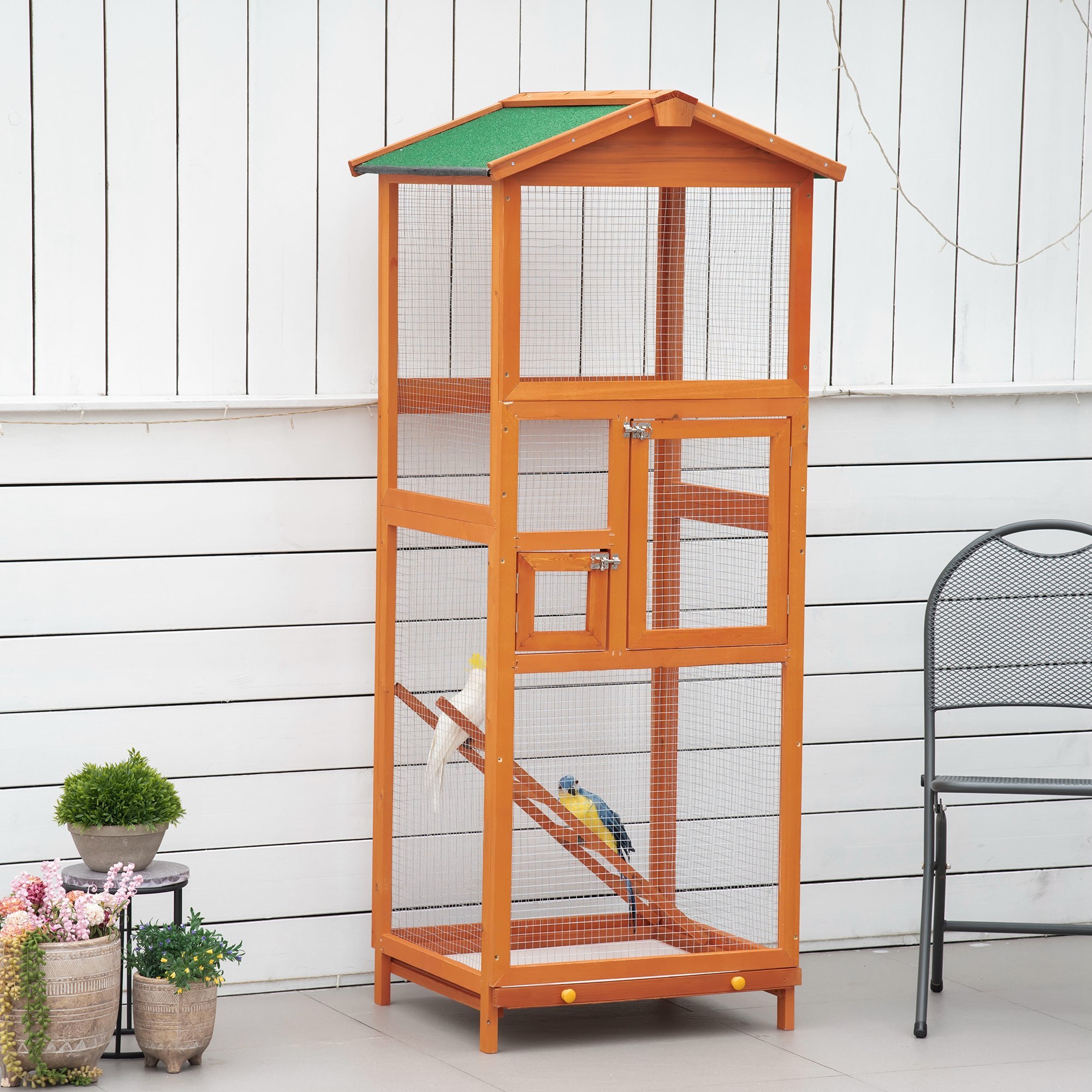 Jaula para Pájaros de Madera con Bandeja Extraíble Techo Asfáltico 68x63x165 cm