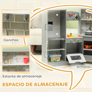 AIYAPLAY Cocina de Juguete para Niños +3 Años Cocina de Madera Infantil Cocinita Infantil con Sonido Fogón Horno Grifo Fregadero Microondas Lavadora Máquina de Hielo y Accesorios de Cocina Gris