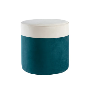 Pouf design bicolore en tissu velours blanc crème et bleu paon D40 cm DAISY