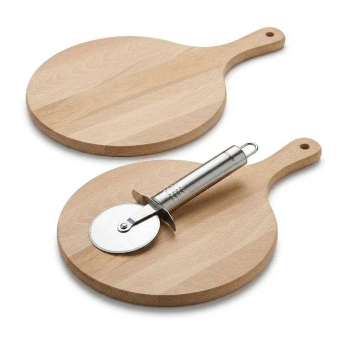 2 planches à pizza 30 cm en bois et roulette Fackelmann Boissellerie