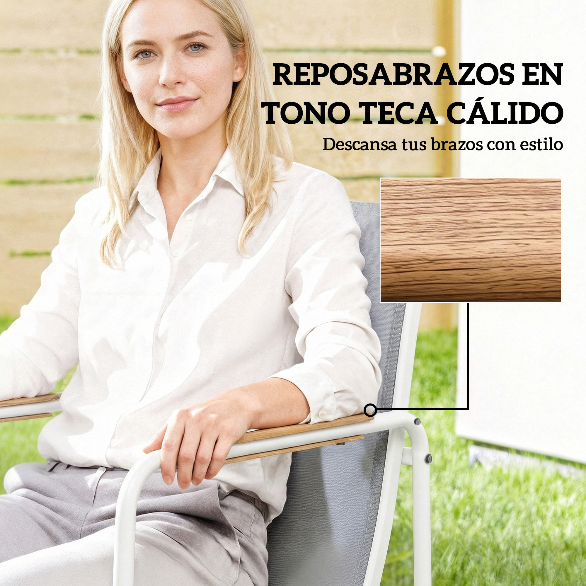 Conjunto de Mesa y Sillas Jardín de 7 Piezas, Muebles Jardín Exterior con Mesa de Vidrio Templado, 6 Sillas Transpirables Decorativas, Marco de Acero Resistente a la Intemperie, Blanco y Gris