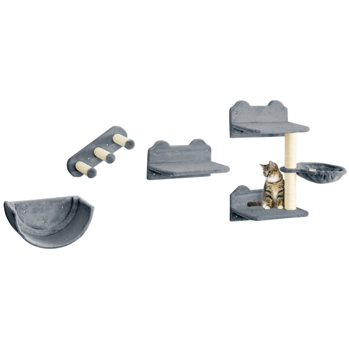 Estante de Escalada para Gatos de Pared Juego de Estantes para Gatos 4 Piezas con Hamaca Nido Rascador Plataformas para Saltar y Poste de Sisal Gris