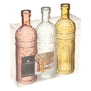 Set de 3 bouteilles "Folk" verre D6,8cm