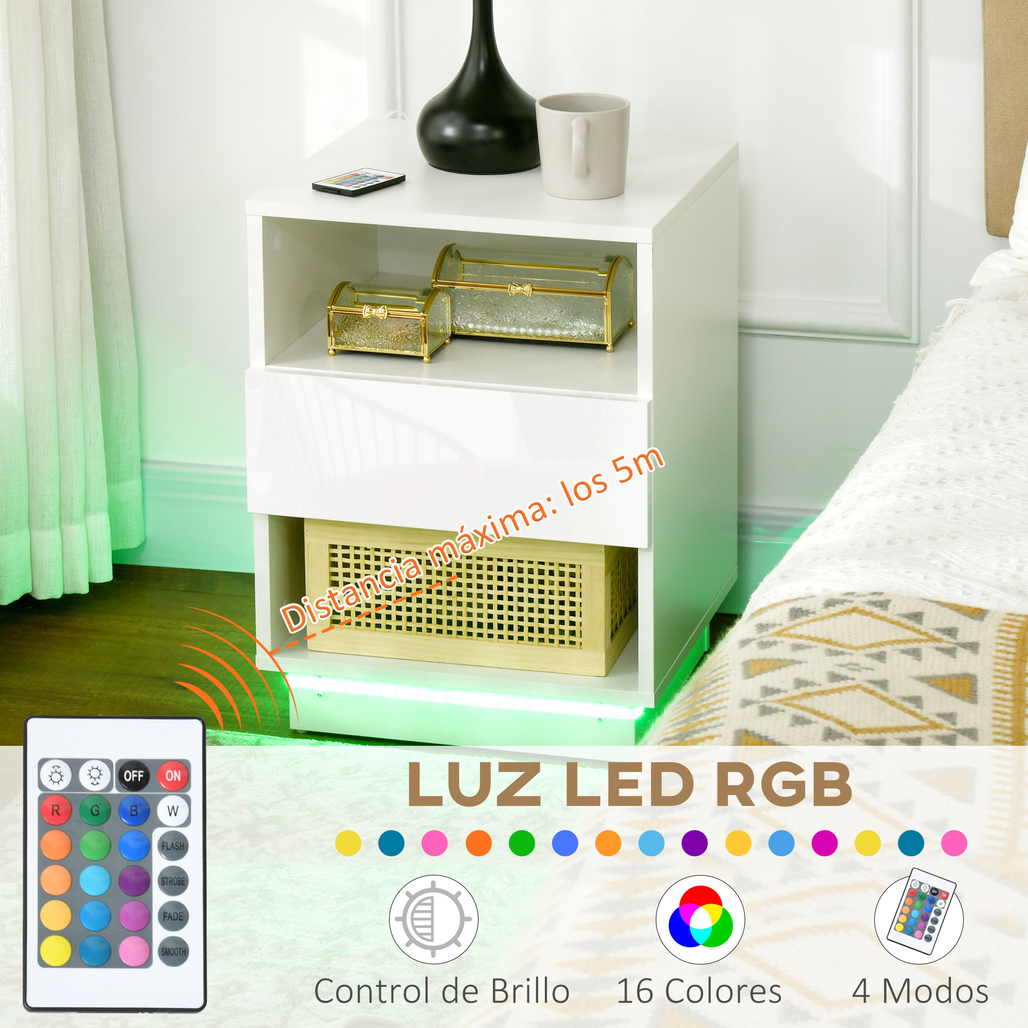 Mesita de Noche Moderna con Luz LED Mesilla de Noche con Mando a Distancia Cajón de Alto Brillo y 2 Estantes para Salón Dormitorio 40x40x55 cm Blanco