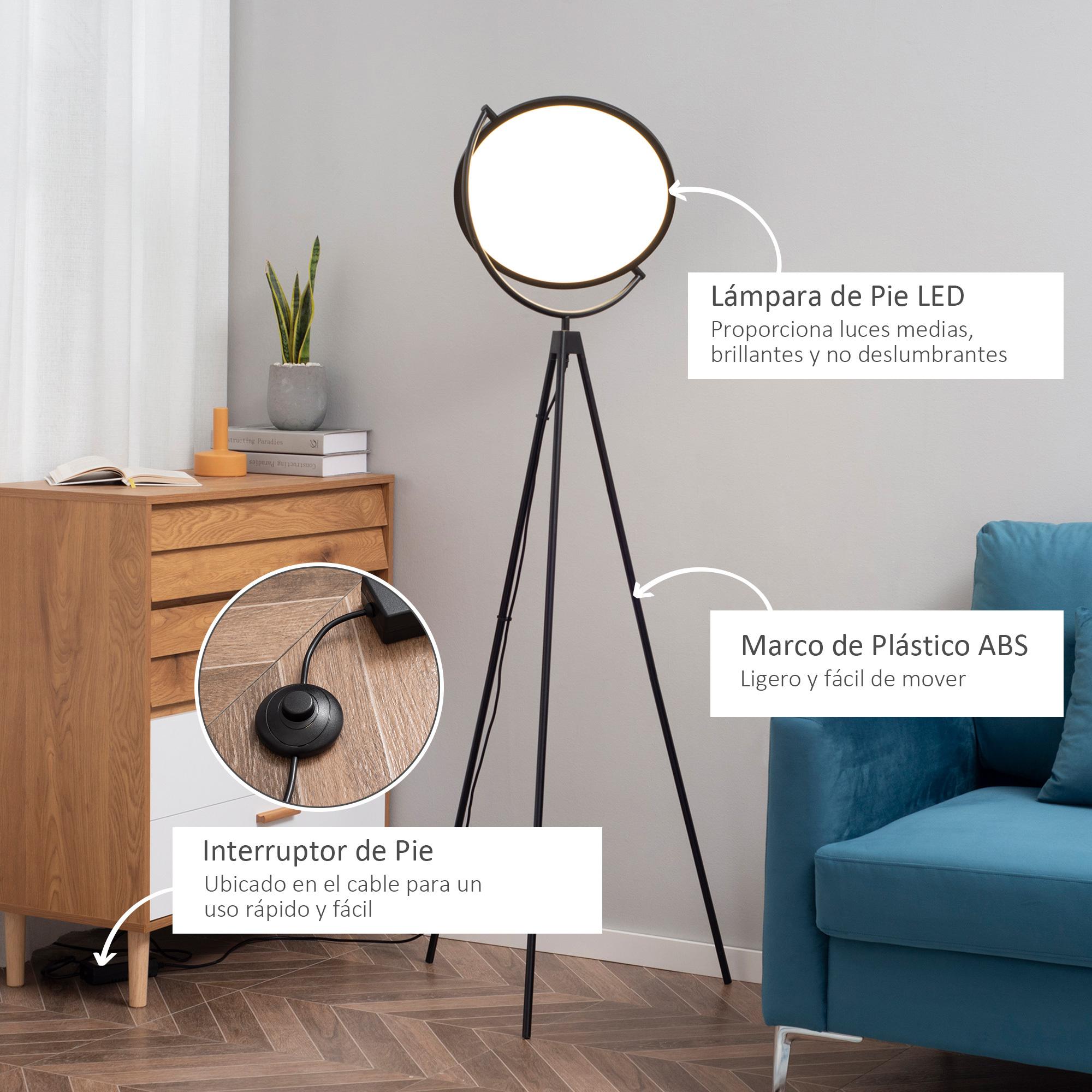 Lámpara de Pie Moderna Lámpara de Suelo con Luz LED de 20W Pantalla Giratoria Trípode de Metal e Interruptor de Pie para Salón Dormitorio Estudio 60x60x163 cm Negro