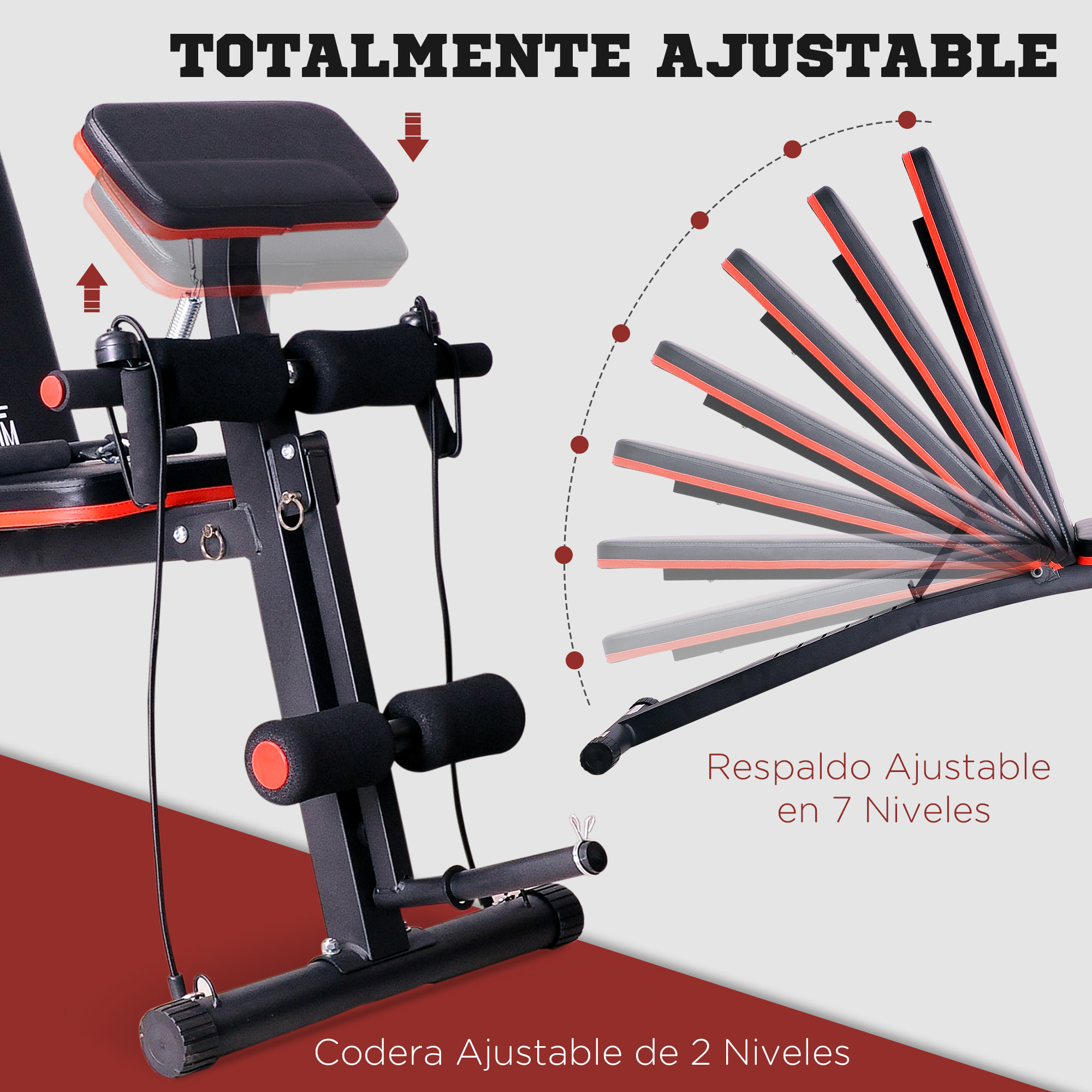 Banco de Musculación Plegable, Banco de Pesas, Respaldo Inclinable de 7 Niveles, Extensión de Pierna, Cojín de Predicador, Banda de Resistencia, para Entrenamiento Completo, Casa Gimnasio, Rojo