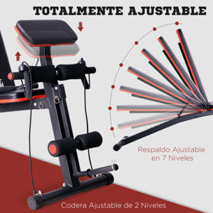 Banco de Musculación Plegable, Banco de Pesas, Respaldo Inclinable de 7 Niveles, Extensión de Pierna, Cojín de Predicador, Banda de Resistencia, para Entrenamiento Completo, Casa Gimnasio, Rojo