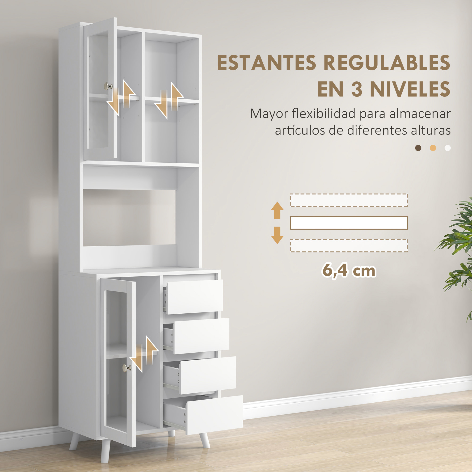 Alacena de Cocina Armario de Cocina Buffet Aparador con 2 Puertas de Vidrio Compartimentos Abiertos 4 Cajones y Estantes Ajustables 60x35x180 cm Blanco
