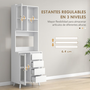 Alacena de Cocina Armario de Cocina Buffet Aparador con 2 Puertas de Vidrio Compartimentos Abiertos 4 Cajones y Estantes Ajustables 60x35x180 cm Blanco