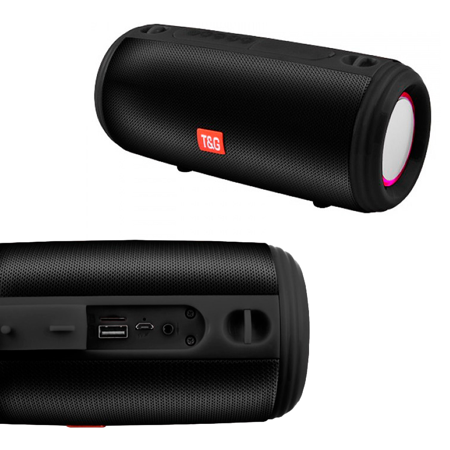 Altavoz portátil Bluetooth 5.3 con sonido potente, radio FM, diferentes conexiones, luces RGB y batería de 1200mAh.