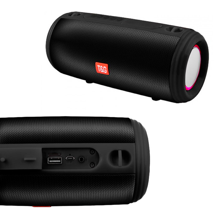 Altavoz portátil Bluetooth 5.3 con sonido potente, radio FM, diferentes conexiones, luces RGB y batería de 1200mAh.