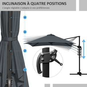 Parasol déporté carré inclinable pivotant 360° manivelle piètement acier dim. 2,95L x 2,95l x 2,66H m gris