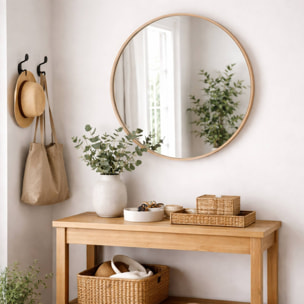 WELL HOME Espejo redondo Ø60cm marco de madera clara, con gancho trasero, ideal para recibidor o baño