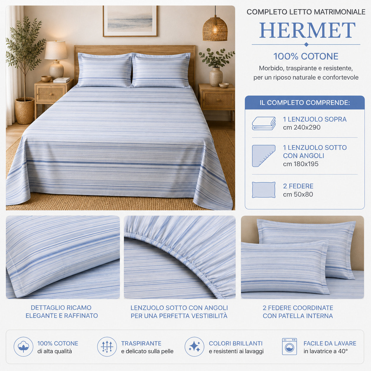 HERMET Completo Letto Matrimoniale in 100% Cotone_Roberta_Avio