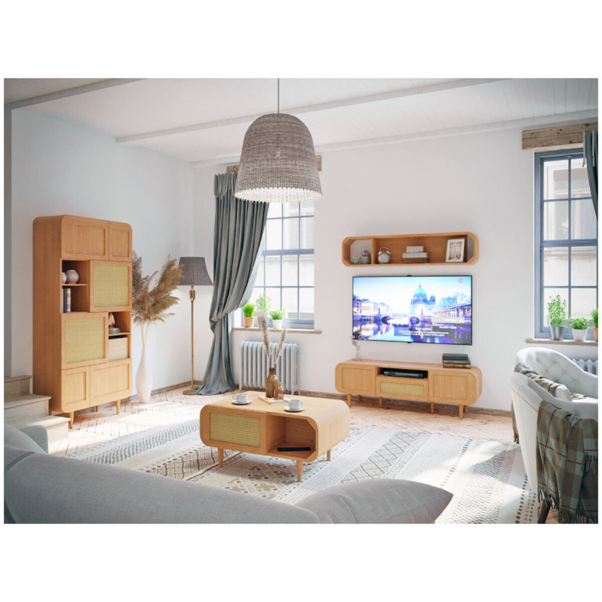 Meuble TV 160 cm 2 portes 1 tiroir rotin et décors chêne - BEVERLY